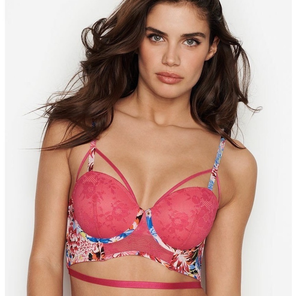 Victorias Secret x Mary Katrantzou Bra 34B Pink Floral Lace Longline Balconette